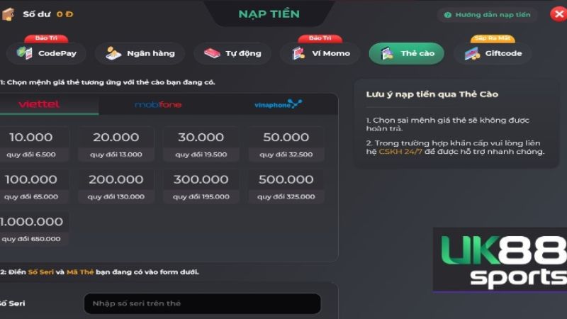 Tại Uk88 cung cấp cho bạn rất nhiều hình thức nạp tiền khác nhau